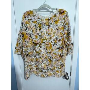 Solitaire Blouse Large Yellow Floral Embroidered Boho Cottage Core Country Club